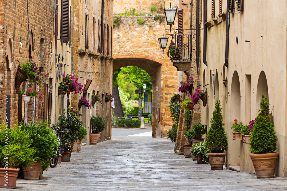 Naklejka premium Piękna ulica w małej starej wiosce Pienza, Toskania.
