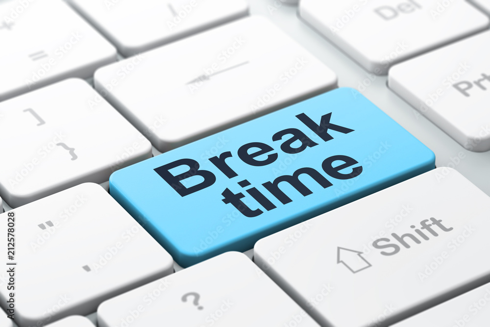 Time concept: computer keyboard with word Break Time, selected focus on enter button background, 3D rendering Time concept: computer keyboard with word Break Time, selected focus on enter button background, 3D rendering