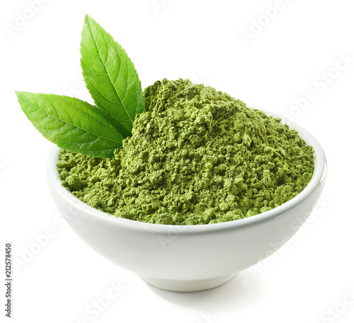 Bowl of green matcha tea powder