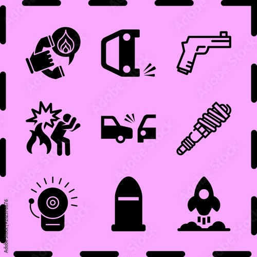 Simple 9 icon set of fire related side crash, bullet, rocket and overturned car vector icons. Collection Illustration
