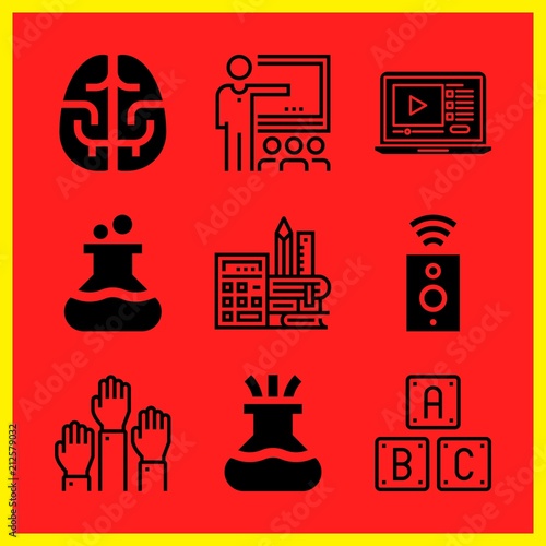 Simple 9 icon set of edication related lecture, learning, brain and speaker vector icons. Collection Illustration