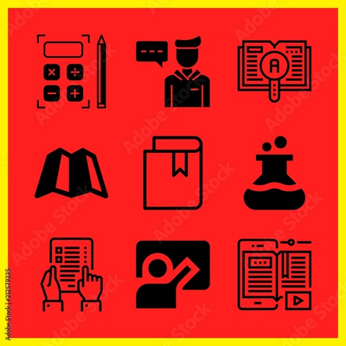 Simple 9 icon set of edication related flask, map, ebook and blackboard vector icons. Collection Illustration