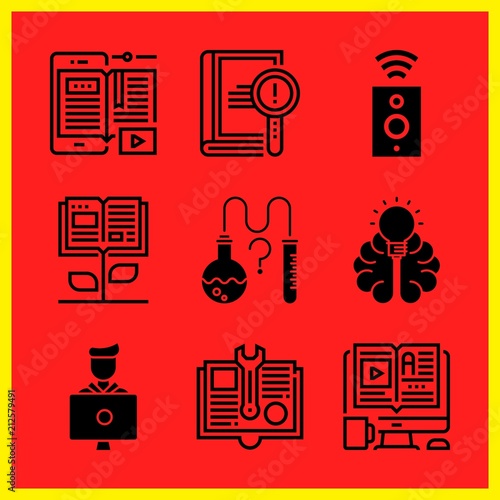 Simple 9 icon set of edication related book, science, ebook and knowledge vector icons. Collection Illustration