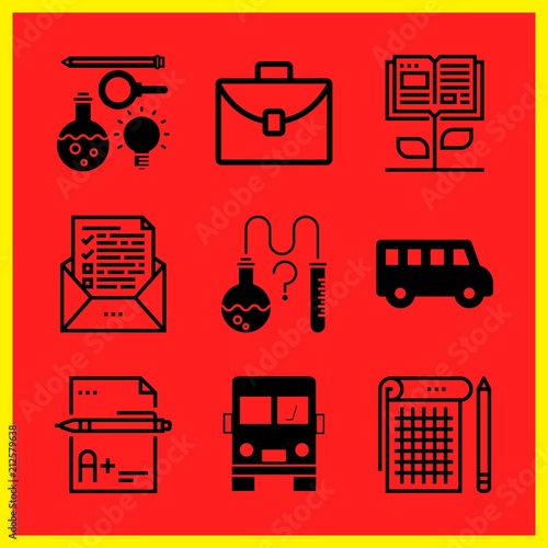 Simple 9 icon set of edication related open book, science, notebook and school bus vector icons. Collection Illustration