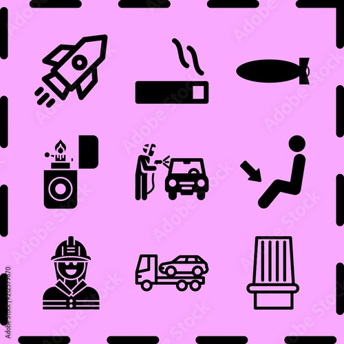 Simple 9 icon set of fire related missile, welder, foot heat and evacuator vector icons. Collection Illustration