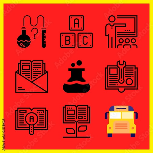 Simple 9 icon set of edication related school bus, book, science and abc vector icons. Collection Illustration