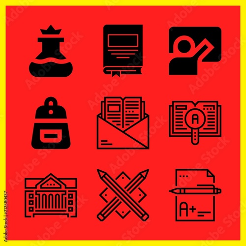 Simple 9 icon set of edication related school, book, learning and blackboard vector icons. Collection Illustration