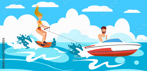 Girl riding Water Skiing. Vector Illustration.