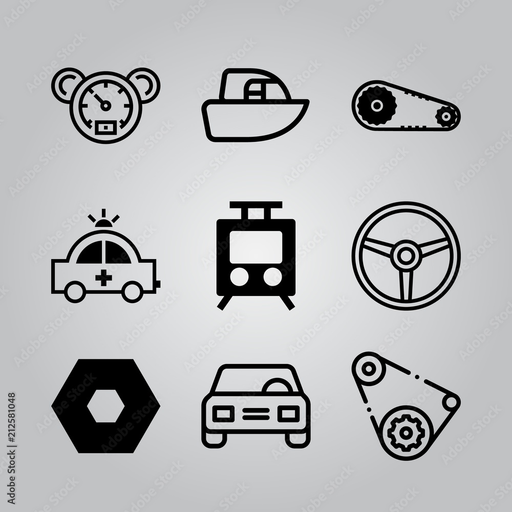Simple 9 icon set of electronics related train, ship, hexagon and timing belt vector icons. Collection Illustration