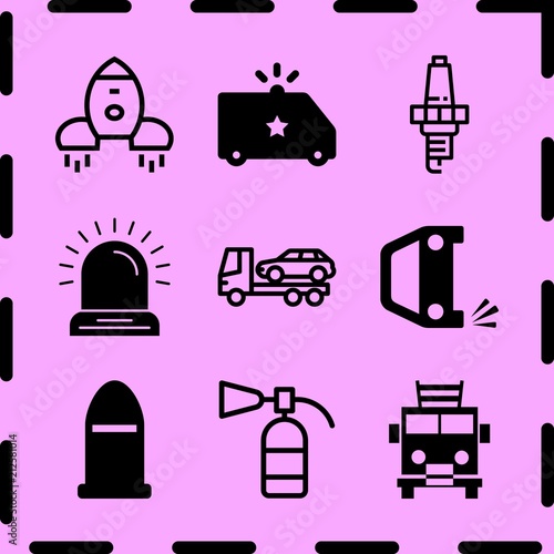 Simple 9 icon set of fire related overturned car, spark, police van and evacuator vector icons. Collection Illustration