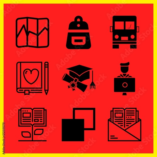 Simple 9 icon set of edication related school bus, student, copy and graduation vector icons. Collection Illustration