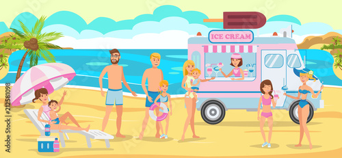 Ice Cream Truck on Beach. Vector Illustration.