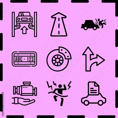 Simple 9 icon set of car related accident, disc brake, garage and license plate vector icons. Collection Illustration