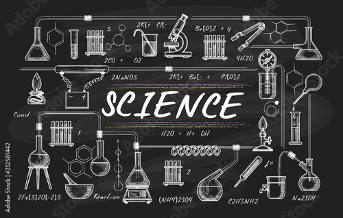 Blackboard school science. Chemical teacher board drawing, vector chemistry classroom sketch, students laboratory chalk drawings