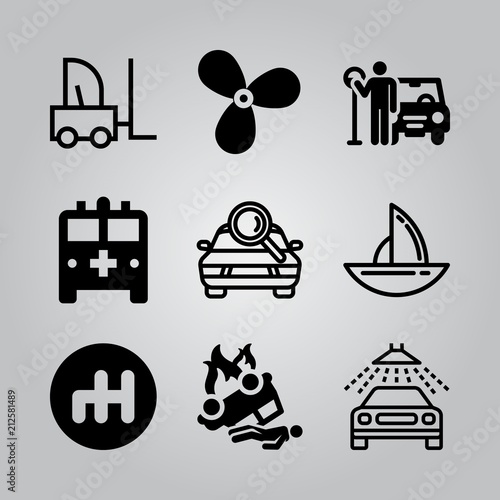 Simple 9 icon set of transport related car wash, sailboat, forklift and gearshift vector icons. Collection Illustration