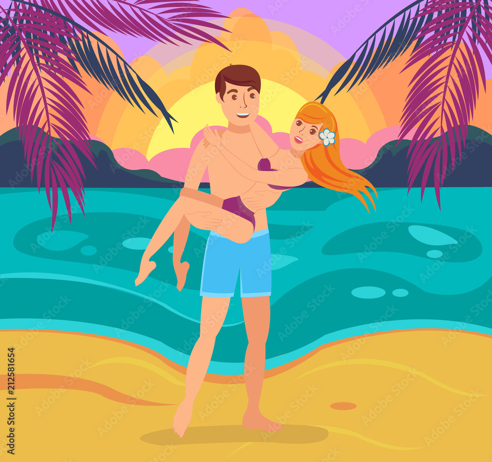 Man and Woman on Beach. Vector Illustration.