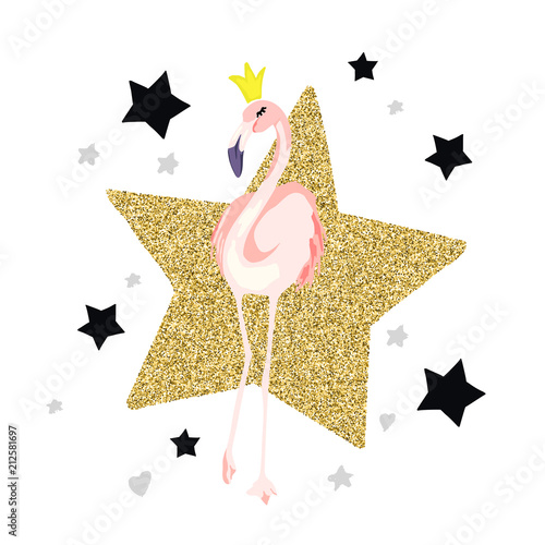 Cute flamingo with big gold star. Vector summer illustration. Watercolor style
