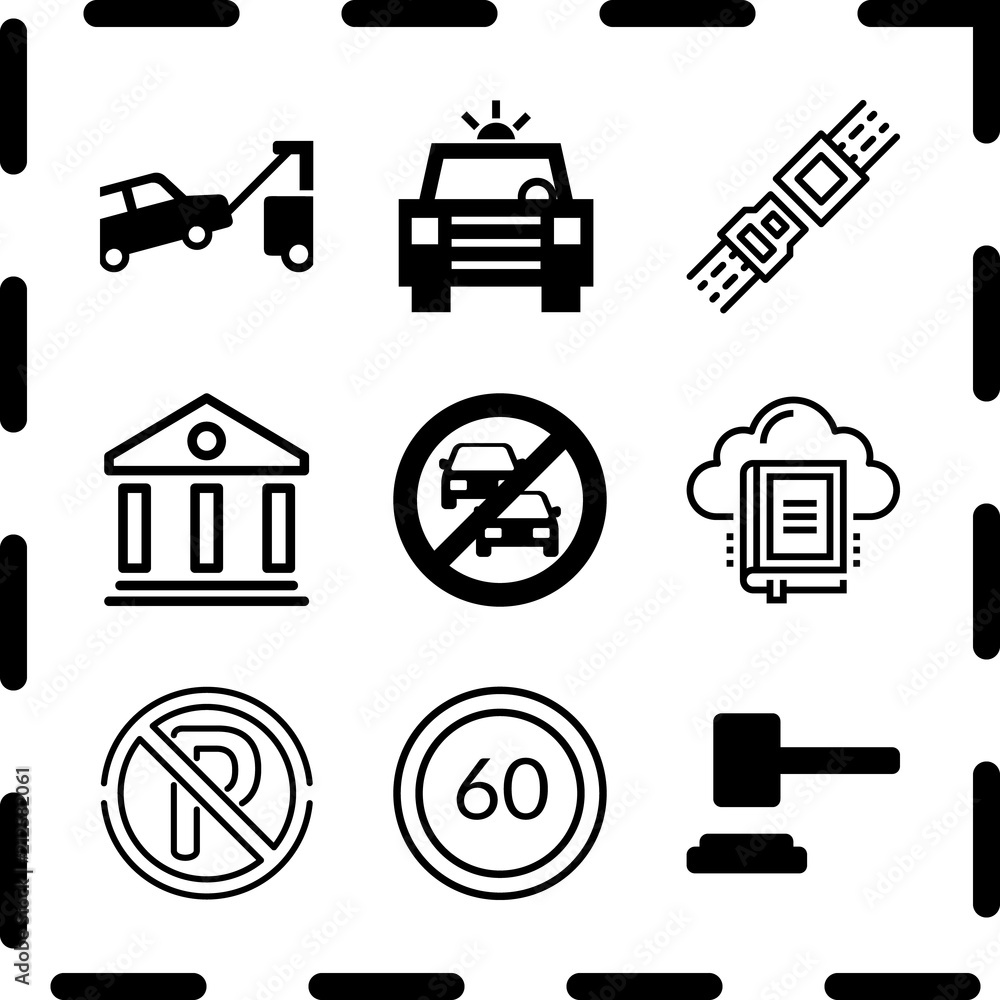 Simple 9 icon set of law related mallet, police car with lights, library and no parking vector icons. Collection Illustration Simple 9 icon set of law related mallet, police car with lights, library and no parking vector icons. Collection Illustration