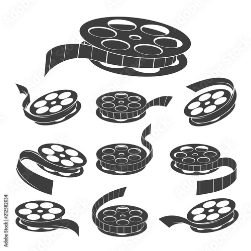 Film reel. Vector vintage movie filmstrip roll icons, old documentary cinema video symbols isolated on white background