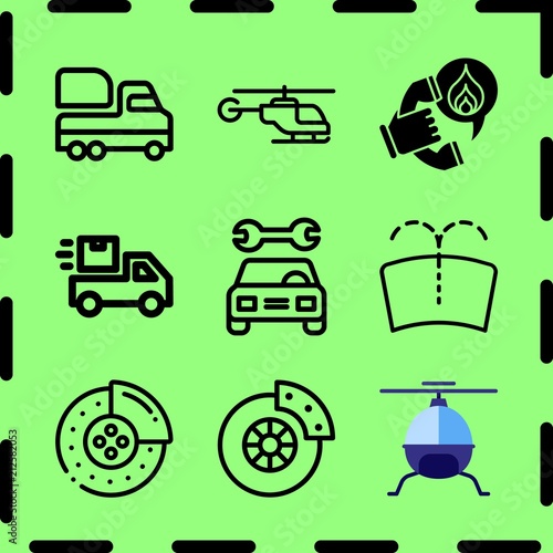 Simple 9 icon set of service related car repair, helicopter, delivery and windshield vector icons. Collection Illustration