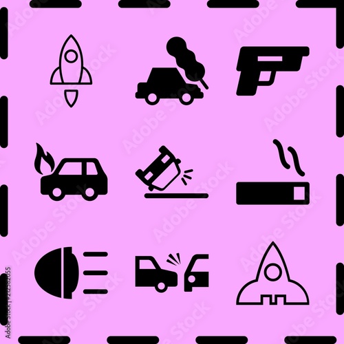 Simple 9 icon set of fire related car crash tree, smoking, gun and car on fire vector icons. Collection Illustration