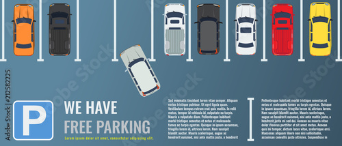 City parking lot with a group of different cars top view. Public car-park. Vector Flat illustration for web or poster banner.