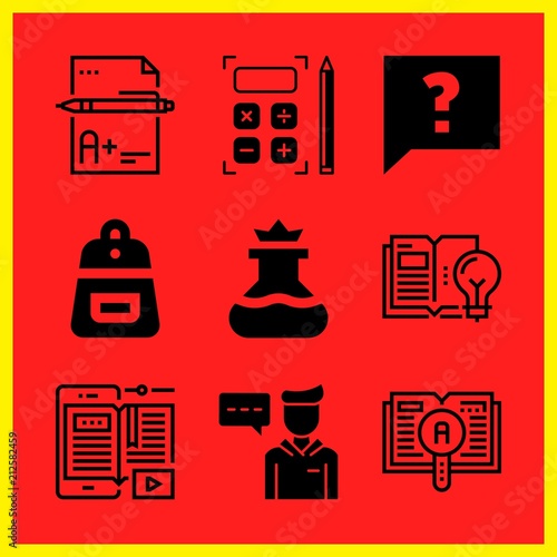Simple 9 icon set of edication related student, faq, learning and flask vector icons. Collection Illustration