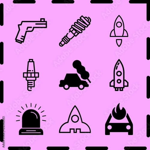 Simple 9 icon set of fire related siren, spark, car crash tree and gun vector icons. Collection Illustration