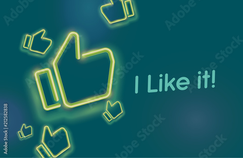 Neon icons like social network. Hand, big finger up on green background. I like it!