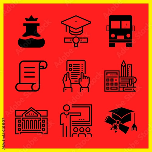 Simple 9 icon set of edication related flask, classroom, learning and school vector icons. Collection Illustration