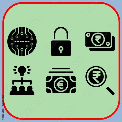 Simple 6 icon set of business related magnifying glass, team, money and board vector icons. Collection Illustration