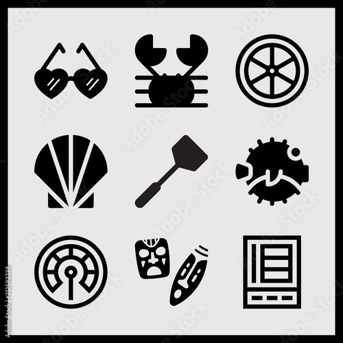 Simple 9 set of Summer related mask, lemon, thermometer and seashell vector icons