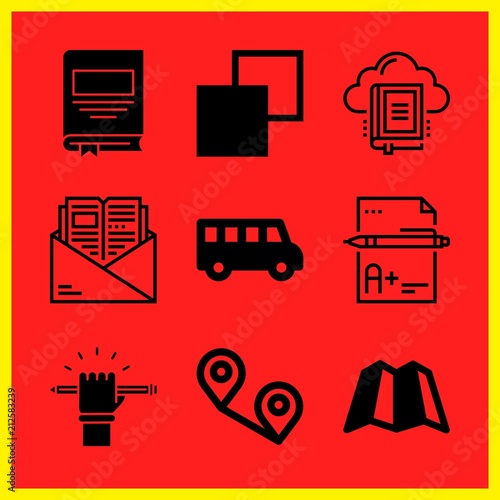 Simple 9 icon set of edication related school bus, book, education and exam vector icons. Collection Illustration