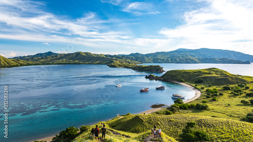 View From The Top of Gili Lawa Darat Island in the Evening with Blue Sky and Blue Sea. Komodo National Park, Labuan Bajo, Flores, Indonesia