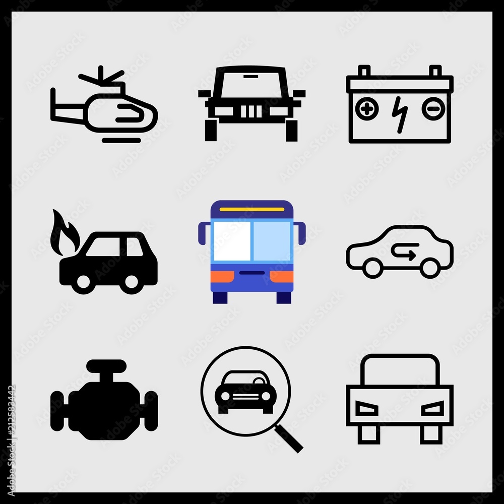 Simple 9 icon set of car related car front in magnifier glass, car outline frontal view, all terrain vehicle and helicopter vector icons. Collection Illustration Simple 9 icon set of car related car front in magnifier glass, car outline frontal view, all terrain vehicle and helicopter vector icons. Collection Illustration