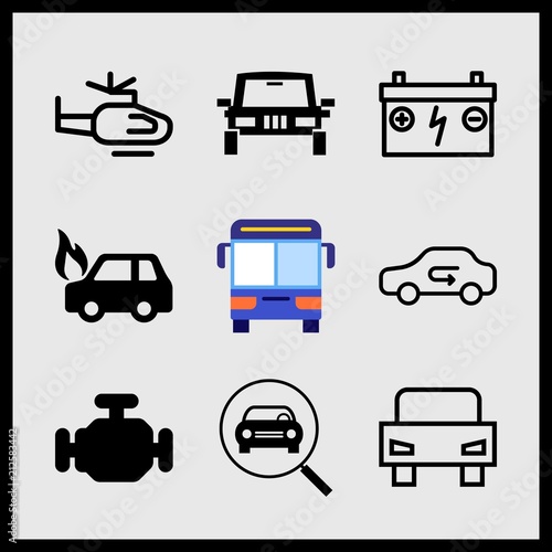 Simple 9 icon set of car related car front in magnifier glass, car outline frontal view, all terrain vehicle and helicopter vector icons. Collection Illustration