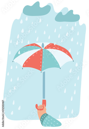 Rainy background with umbrella and hanging clouds