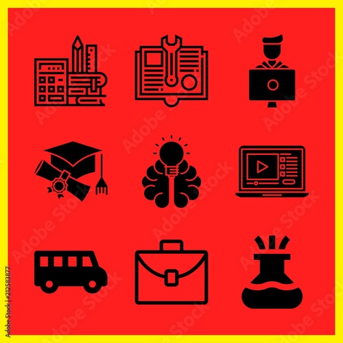 Simple 9 icon set of edication related student, flask, school bus and lecture vector icons. Collection Illustration