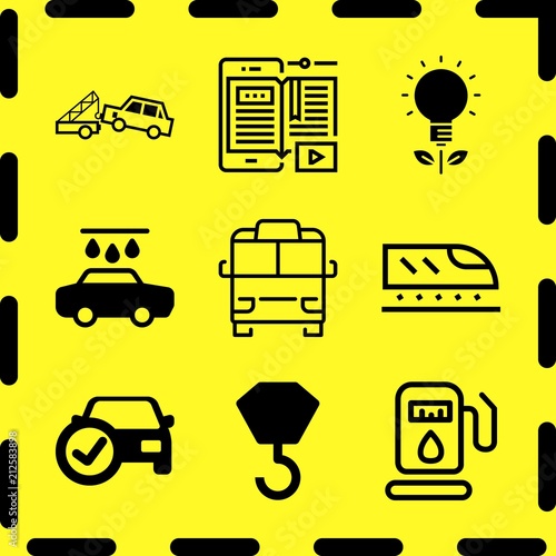 Simple 9 icon set of business related gas station, bulb, train and hook vector icons. Collection Illustration