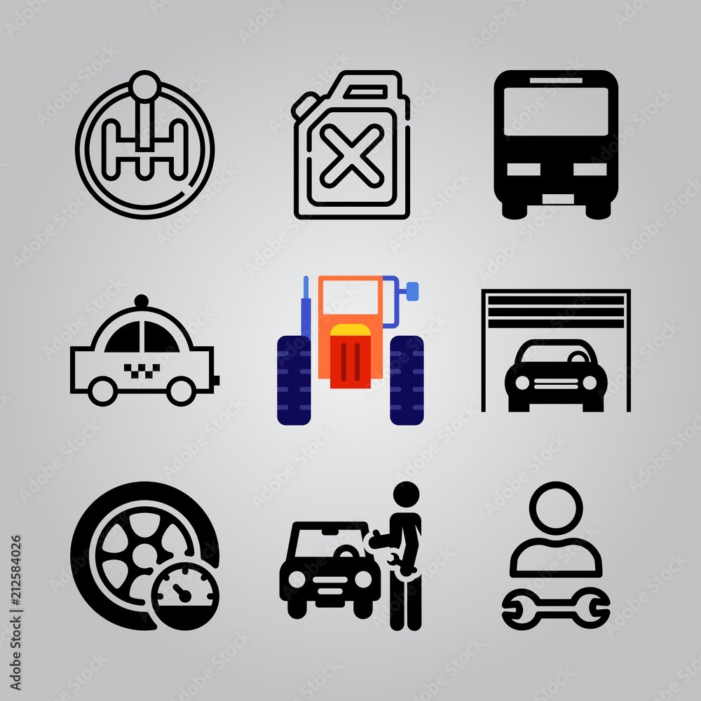 Simple 9 icon set of transport related car inside a garage, mechanic, gasoline and car vector icons. Collection Illustration Simple 9 icon set of transport related car inside a garage, mechanic, gasoline and car vector icons. Collection Illustration