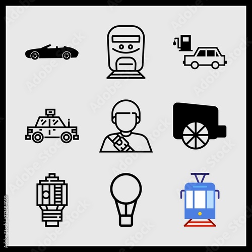 Simple 9 icon set of car related hot air balloon, carriage with big wheel, safety belt and cabrio car vector icons. Collection Illustration