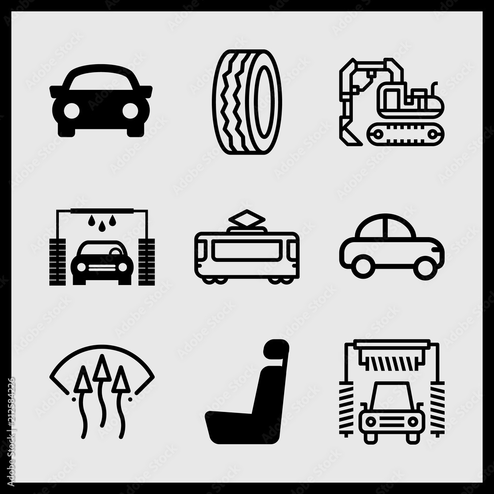 Simple 9 icon set of car related car wash machine, tire, windscreen and sports car vector icons. Collection Illustration Simple 9 icon set of car related car wash machine, tire, windscreen and sports car vector icons. Collection Illustration