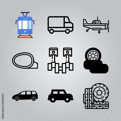 Simple 9 icon set of transport related crankshaft, tram, three wheels and automobile vector icons. Collection Illustration