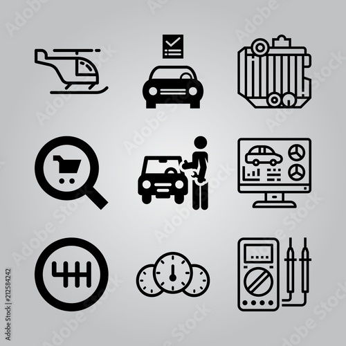 Simple 9 icon set of electronics related car board, change gear, multimeter and monitor vector icons. Collection Illustration