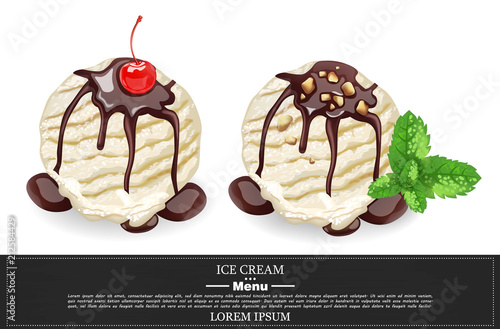 Vanilla Ice cream scoops with chocolate syrop Vector realistic. Vanilla, chocolate flavor menu templates