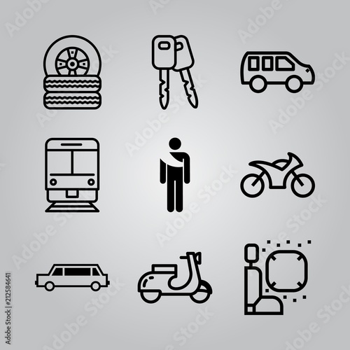 Simple 9 icon set of transport related limousine side view, train, motorcycle and accident vector icons. Collection Illustration