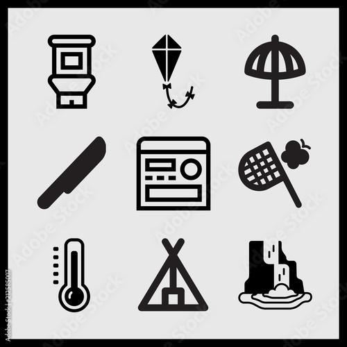 Simple 9 set of Summer related food, round knife, tourist tent and butterfly hunter vector icons