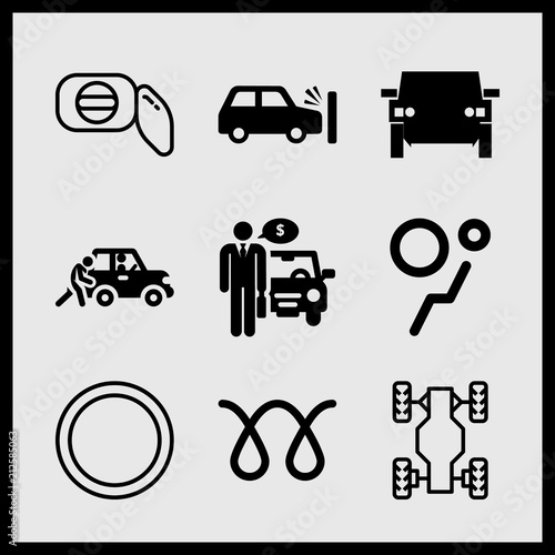 Simple 9 icon set of car related car breakdown, car heat, all terrain vehicle and traffic sign vector icons. Collection Illustration