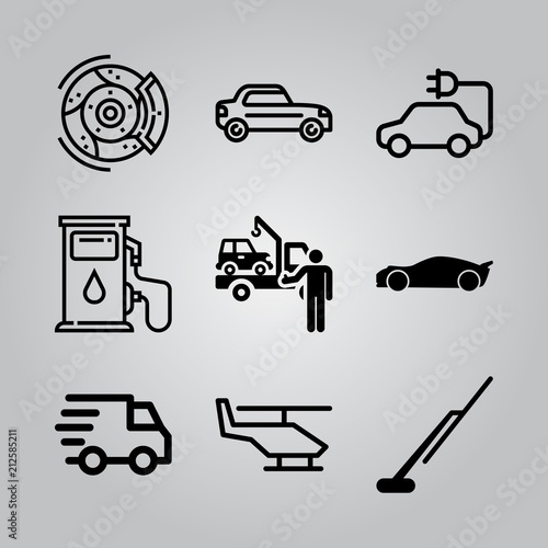Simple 9 icon set of transport related helicopter, electric car, delivery and car breakdown vector icons. Collection Illustration