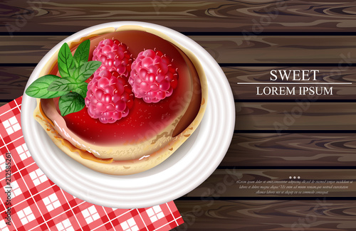 Raspberry cake Vector realistic. Sweet tasty dessert on wooden background. Me...